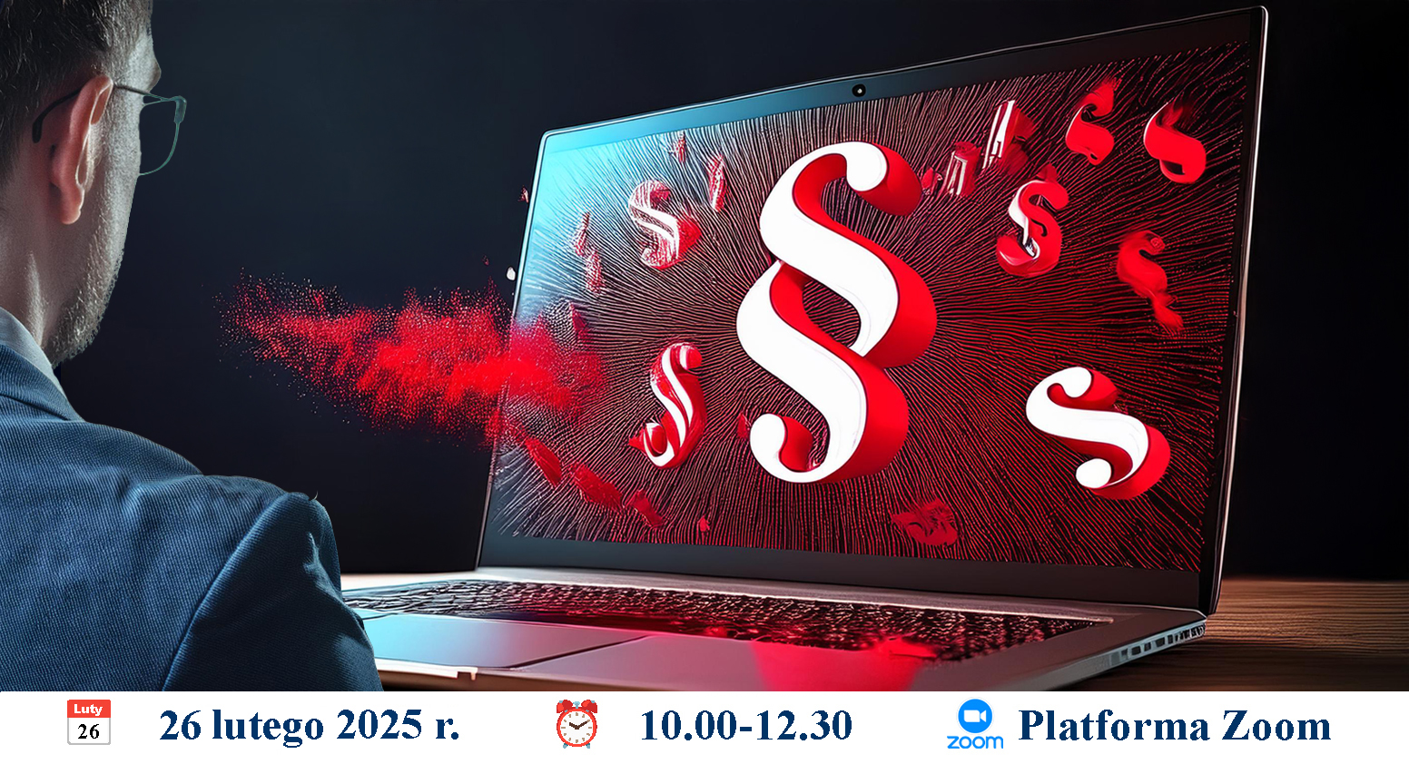 Zdjęcie stołu i komputera, pod nim informacja o webinarium: data 11 września 2024 r., godziny 10.00-12.30, platforma Zoom